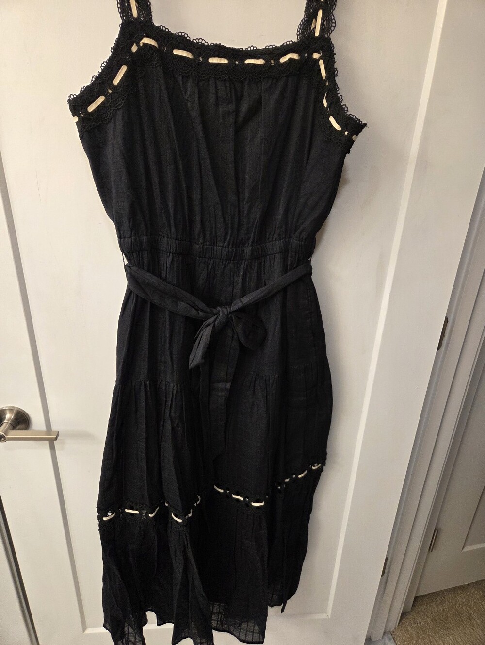 NWT- Anne Klein Lace Detail Cotton Tie Belt Stitching Accents Maxi Dress-Size 14 - Picture 6 of 16
